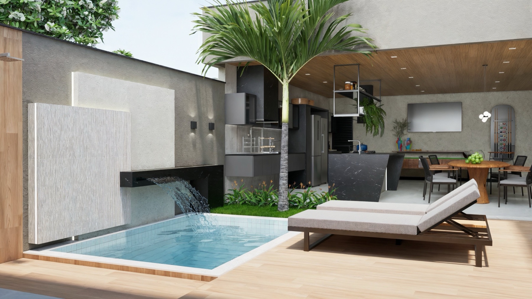 Área de lazer residencial com piscina, madeira e integração entre interior e exterior