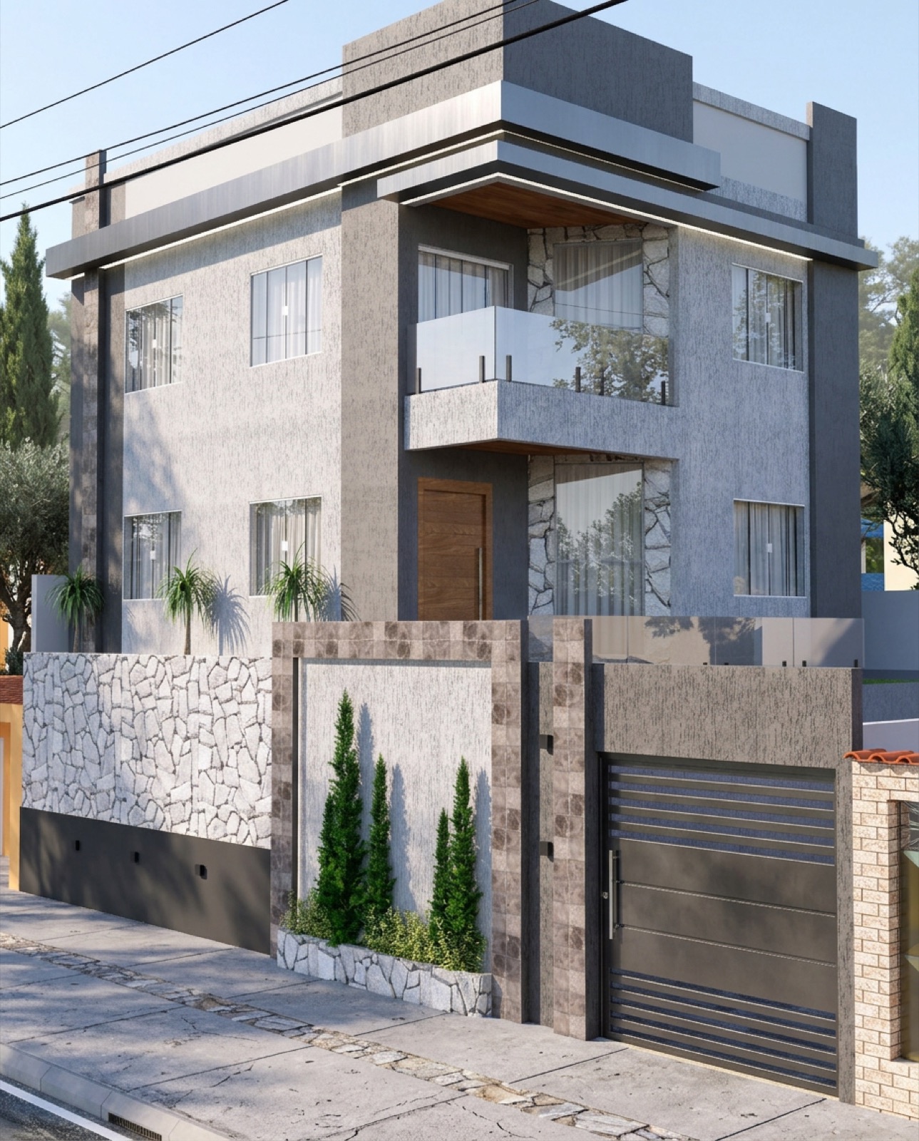 Residência contemporânea com volumes marcados, pedra e madeira