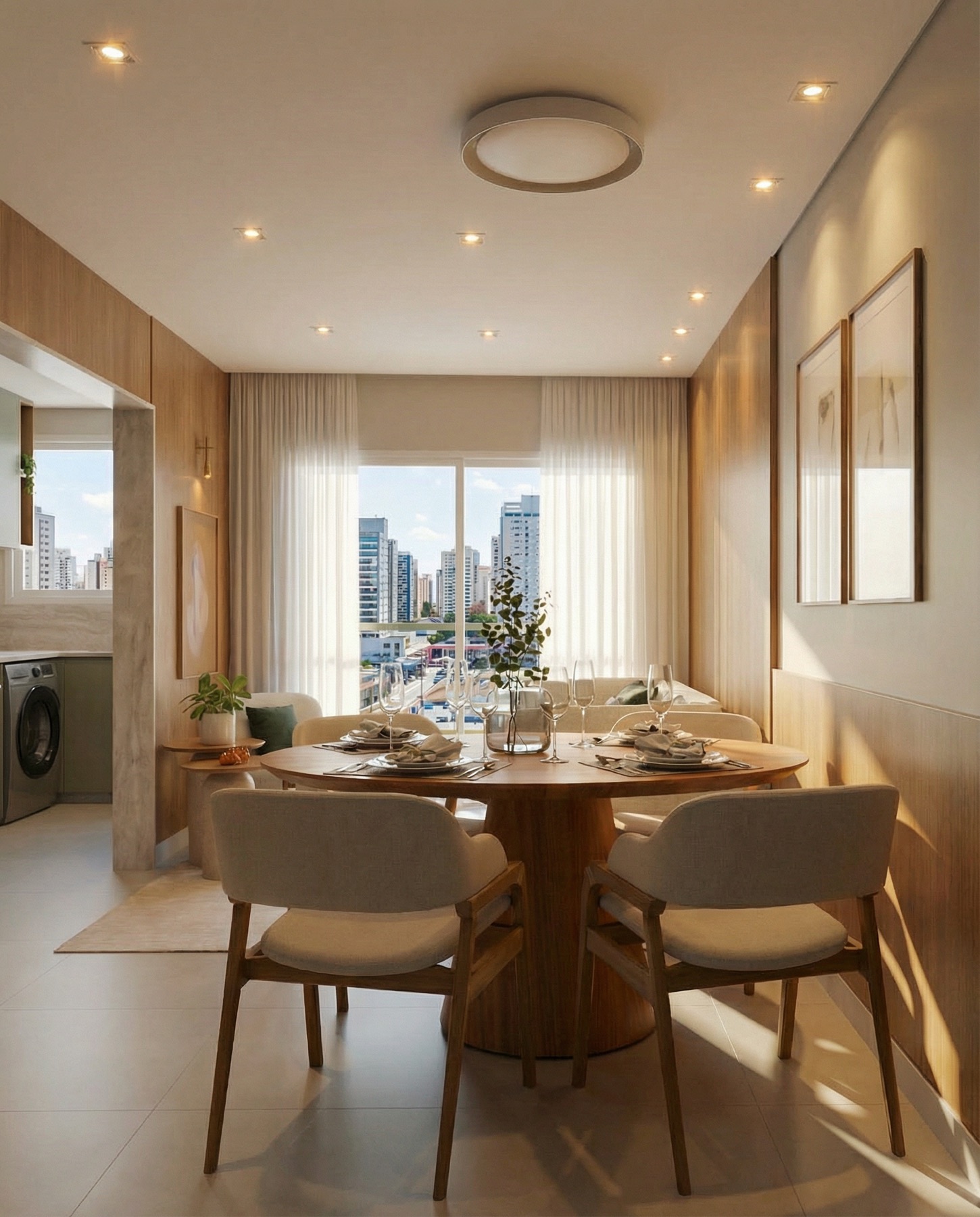 Sala de jantar de apartamento com marcenaria amadeirada e iluminação acolhedora